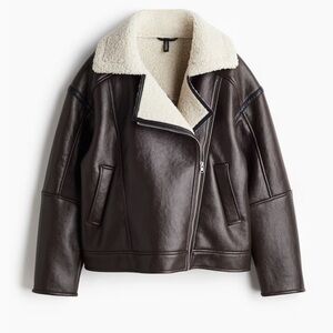 H&M Dark Brown Teddy-Lined Biker Jacket - Small